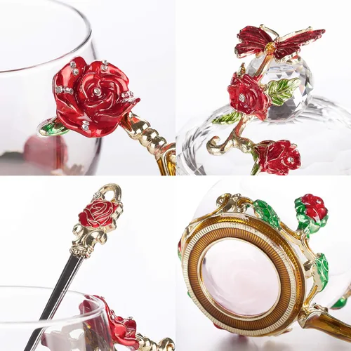 Miniatura 8 de BTaT- Juego de tazas de té de vidrio floral con tapas y cuchara, paquete de 2, 11 onzas, azul y rojo, diseño de flores con caja de regalo, tazas