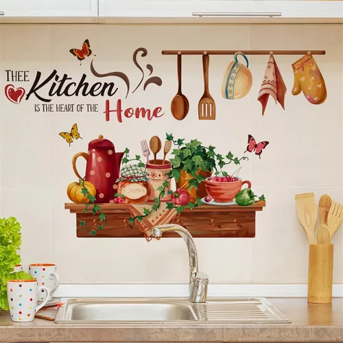 Miniatura 6 de Kitchen is the Heart of Home - Calcomanías de pared para utensilios de cocina, diseño de mariposas verdes, vinilo extraíble para cocina, comedor
