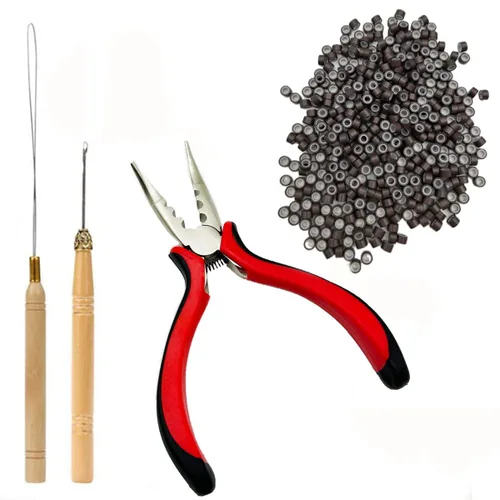 Miniatura 11 de Kit de herramientas de extensiones de cabello, accesorios profesionales de peluquería, 500 piezas de cuentas de micro anillo, 1 alicates de Negro