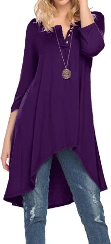 Naggoo - Camiseta de manga 34 para mujer, diseño holgado y largo tipo túnica con cuello en V, botones, dobladillo asimétrico, casual, tallas S a 3XL