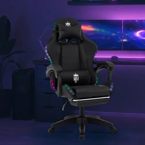 Miniatura 2 de Silla de juegos RGB con reposapiés, silla de juegos de computadora con luces LED para adultos, silla reclinable con reposacabezas ajustable, soporte