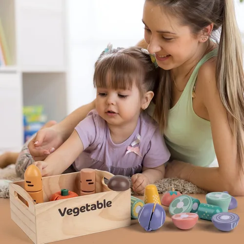 Miniatura 6 de Juego de 10 piezas de alimentos de madera de vegetales para cocina de niños, juguetes de corte de alimentos de madera, accesorios de cocina de juego