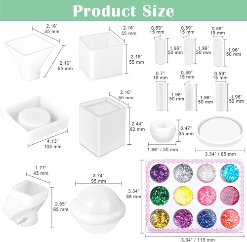 Miniatura 2 de Kit de moldes de resina de silicona, 26 piezas, moldes epoxi, fundición grande con 12 lentejuelas de purpurina para fundición UV, incluyendo esfera