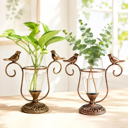 Paquete de 2 Terrarios de Plantas de Escritorio, Jarrón de Vidrio con Arte de Pájaros para Propagación, Macetas de Propagación con Marco de Metal