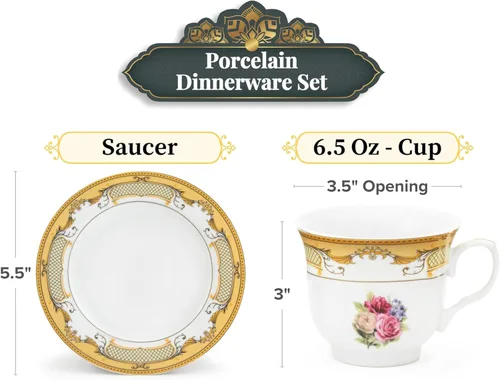 Miniatura 2 de Juego de té de porcelana, 12 piezas, elegante diseño floral blanco con borde dorado – Platillos de 5.5 pulgadas, tazas de 6.5 onzas – para fiestas