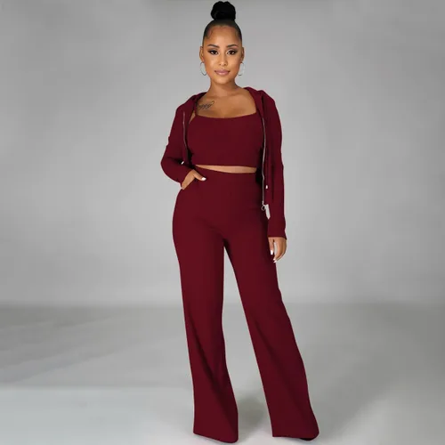 Miniatura 2 de WUSENST Women 3 Piece Outfits Ribbed Knit Long Cardigan Crop Tank Top Wide Leg Palazzo Pant Lounge Sets