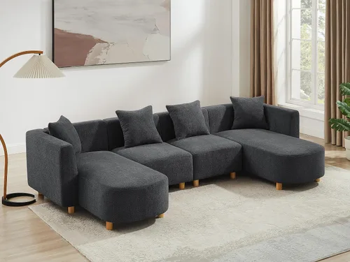 Miniatura 12 de VANOMi 279 cm Sofá modular seccional con 3 almohadas, cómodo sofá de chenilla en nube convertible de 5 plazas con reposapiés, sofás seccional