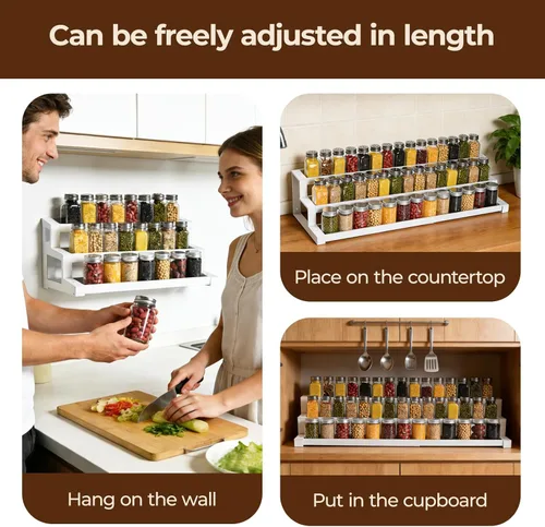 Miniatura 7 de Organizador de especias de 3 niveles para armario de cocina o despensa, estante de organización de especias expandible de 16 a 29 pulgadas
