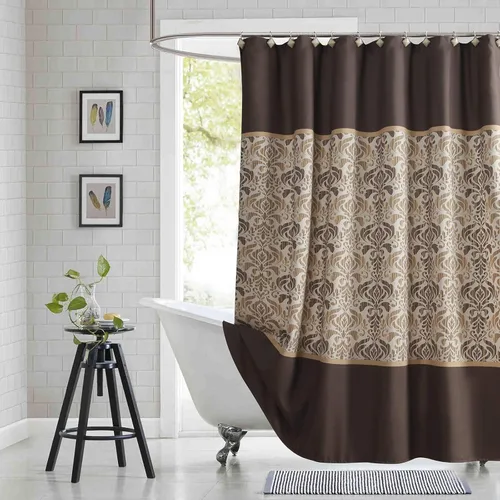 Miniatura 18 de Cortina de ducha larga de tela, cortinas de ducha de damasco bohemio con estampado de paisley en vino burdeos y oro amarillo, cortinas impermeables