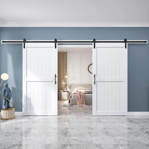 Miniatura 20 de EaseLife - Puerta de granero de 48 x 84 pulgadas en blanco con kit de herrajes deslizantes de 8 pies incluido y manija, madera maciza cubierta