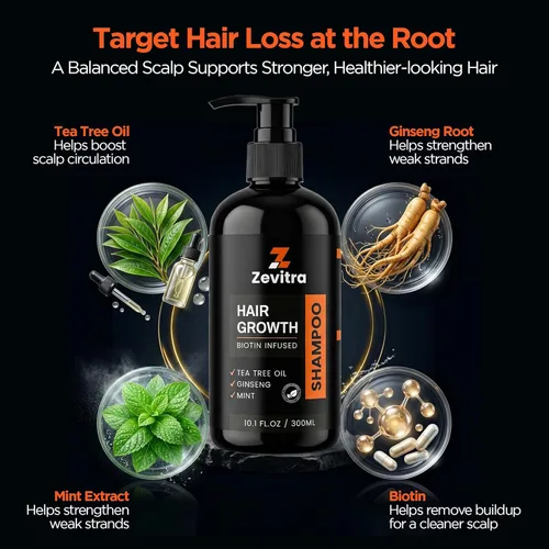Miniatura 3 de Champú para el crecimiento del cabello, 10.1 onzas líquidas, champú para el cabello de biotina con aceite de árbol de té, ginseng y menta