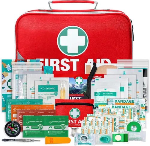 General Medi Kit de primeros auxilios 2 en 1 (juego de 215 piezas) + kit de primeros auxilios de 43 piezas, incluye paquete de hielo (frío),