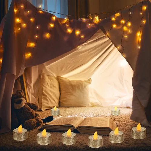Miniatura 4 de Mudder 24 Piezas Velas de Té Doradas LED Velas Tealights Sin Llama Votivas Operadas con Batería Velas de Té Eléctricas con Purpurina Tealight