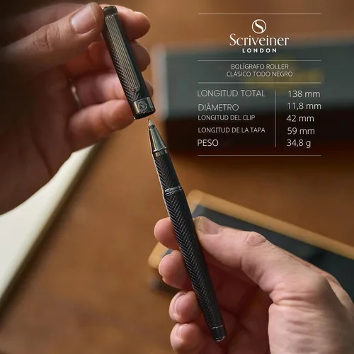 Miniatura 4 de Scriveiner Bolígrafo rollerball negro – Impresionante bolígrafo de lujo de metal negro mate, repuesto de tinta Schmidt, el mejor juego de regalo