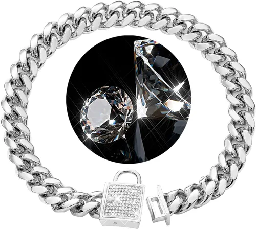 Miniatura 6 de Collar de cadena para perro con cierre de circonita cúbica de 0.551 in, acero inoxidable, chapado en oro de 18 quilates, cadena cubana