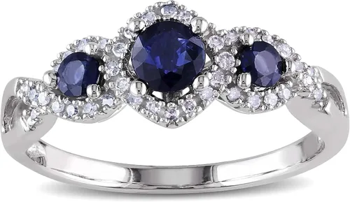 Miniatura 2 de Anillos de compromiso de oro blanco macizo de 10 quilates con zafiro azul de corte redondo para mujer, con engaste de garra de aniversario y boda