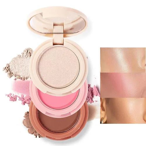 Trío mezclable 3 en 1, paleta de maquillaje de contorno y rubor, bronceador crema, rubor en polvo suave y sedoso, polvo de maquillaje iluminador 01