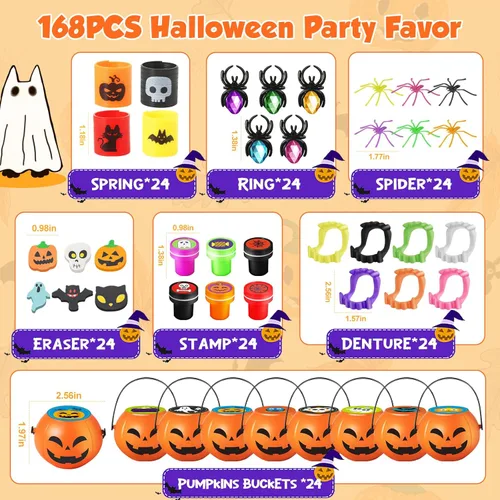 Miniatura 2 de 168 piezas de recuerdos de fiesta de Halloween para niños, paquete de 24 calabazas precargadas de Halloween con juguetes, araña, dientes de vampiro
