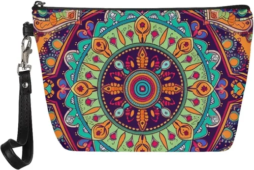 Miniatura 19 de Howilath Abstract Art Cat Cosmetic Pouch for Women PU Leather Toiletry Storage Bag Trapezoid Makeup Bags with Wrist Strap