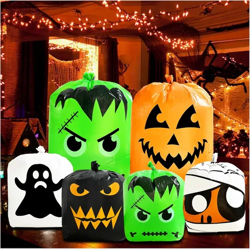 Miniatura 10 de 6 bolsas de calabaza de Halloween para césped, incluye 2 bolsas de 48 x 36 pulgadas de calabaza sonriente y 4 bolsas de basura de Halloween de 30 x