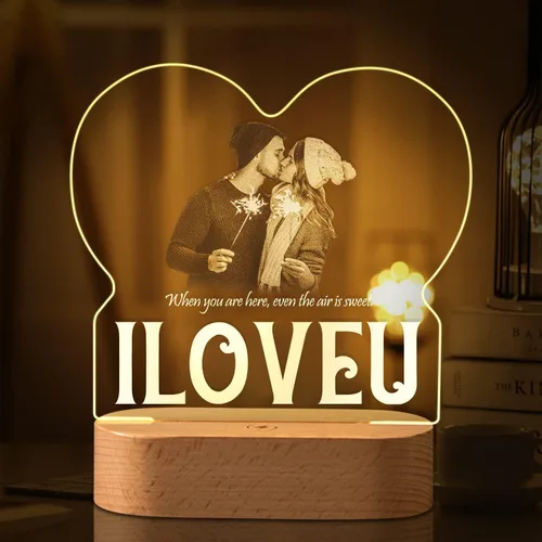Miniatura 22 de Marco de fotos de corazón personalizado, luz nocturna, lámpara de cristal, texto de imagen personalizada, luz cálida, regalo personalizado