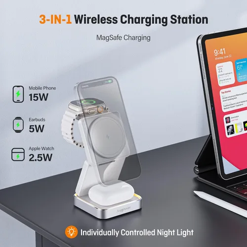 Miniatura 3 de 【Actualizado 2026】Cargador inalámbrico 3 en 1, estación de carga inalámbrica plegable con luz para cargador magnético de Apple, cargador magnético
