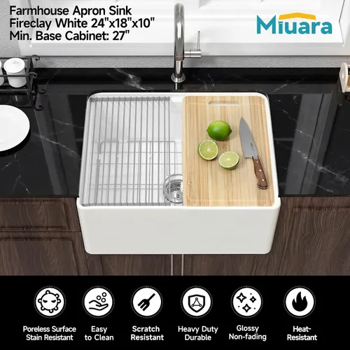 Miniatura 2 de Miuara Fregadero blanco con estación de trabajo de granja de 24 pulgadas, fregadero de cocina frontal con delantal de arcilla refractaria pequeño