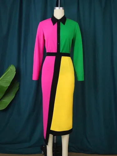 Miniatura 5 de AOMEI Vestido lápiz de manga larga con botones y cintura alta para mujer