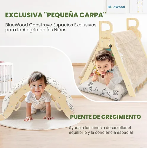 Miniatura 2 de BlueWood Set de Triángulo Pikler con Cojín, Juguetes de Escalada 8-en-1 para Niños Pequeños, Gimnasio de Juegos con Filosofía Montessori con Arco
