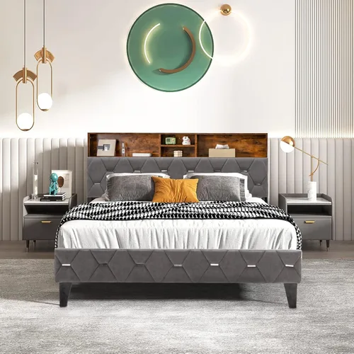 Miniatura 4 de KOMFOTT Base de cama matrimonial tapizada con cabecera de almacenamiento, base de cama de plataforma con estantes abiertos y espacio