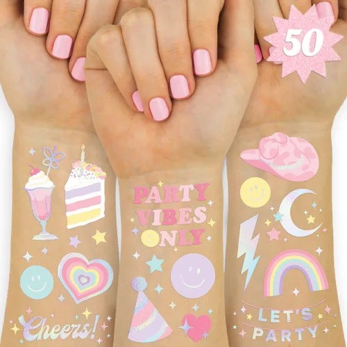xo, Fetti Tatuajes temporales de arcoíris pastel - 50 estilos de papel de aluminio iridiscente | Suministros de fiesta de cumpleaños preparados,