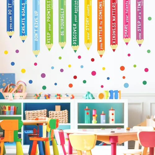 Miniatura 12 de Colorida calcomanía de pared inspiradora, citas motivacionales, calcomanías de pared con texto positivo para aula, diseño de lunares extraíbles