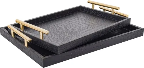 Bandeja moderna y elegante de madera grande para servir, juego de 2, en color negro con cuero de cocodrilo y asas de metal dorado pulido, decoración