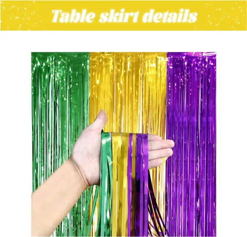 Miniatura 3 de LabZhang Paquete de 2 faldas de mesa con flecos metálicos de Mardi Gras de 29.5 x 72 pulgadas, faldas de mesa de fiesta de Mardi Gras, decoración