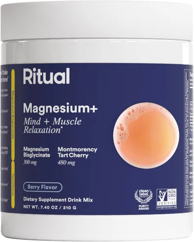 Ritual Suplemento de mezcla de bebida de magnesio + glicinato - con cereza ácida para apoyar la calma, el sueño, la mente, la relajación muscular,