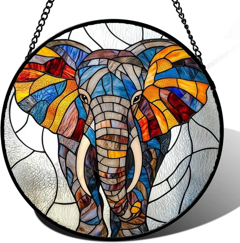 Atrapasoles de Vidrio Manchado para Colgar en Ventana, Elefante Colorido para Capturar el Sol para Puerta, Decoración del Hogar, Atrapasoles de Plata