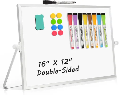 Pizarra blanca magnética de borrado en seco, pizarra blanca de escritorio de doble cara de 16 x 12 pulgadas con soporte, juego de pizarra blanca