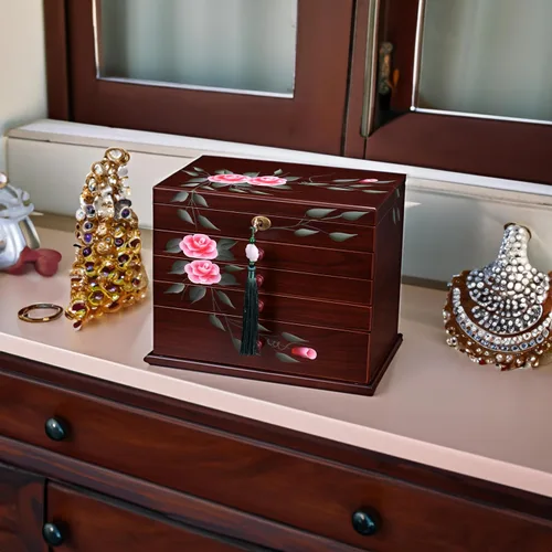 Miniatura 3 de Xloverise Joyero de madera para Wowen, organizador de 5 capas de pintura a mano con colgador de collar, organizador de cajas de joyería grandes
