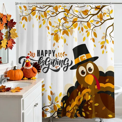 Miniatura 7 de Mocsicka Cortina de ducha de Acción de Gracias, diseño de pavo y hojas de otoño, cortina de ducha de baño, cortina de baño de 72 x 72 pulgadas