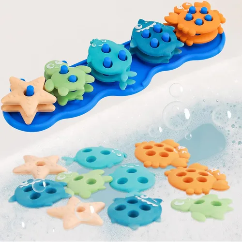 Juguetes de baño para bebés, juguetes de baño de silicona para clasificar y apilar formas sin moho para niños de 1 a 3 años con 10 bonitas piezas
