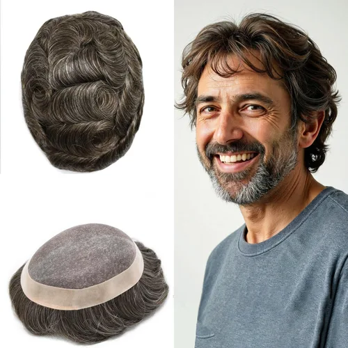 Miniatura 63 de Tupé para hombre, pieza de cabello humano real, monofilamento, tupé para hombres, postizos, unidades de sistema de reemplazo de cabello, gris