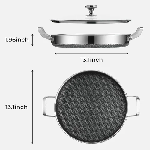 Miniatura 2 de Sartén de acero inoxidable con tapa de cocción, sartenes antiadherentes de 13 pulgadas, sin PFOA, aptas para lavavajillas y horno