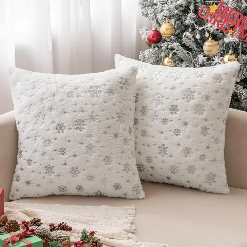 Miniatura 10 de MIULEE - Juego de 2 fundas de cojín decorativas de Navidad, hechas de piel sintética suave con copos de nieve plateados y brillantina, para Verde