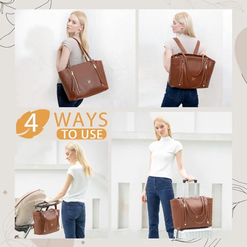 Miniatura 7 de miss fong Bolso de pañales tipo mochila de cuero, bolso grande para mamá, bolsa hospitalaria, 12 bolsillos, bolso de viaje para pañales con Marrón