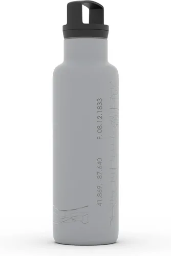 Miniatura 3 de Well Told Botella de agua aislada con mapa Chicago Illinois, grabado de acero inoxidable (21 onzas, gris muelle) botella aislada de mapa