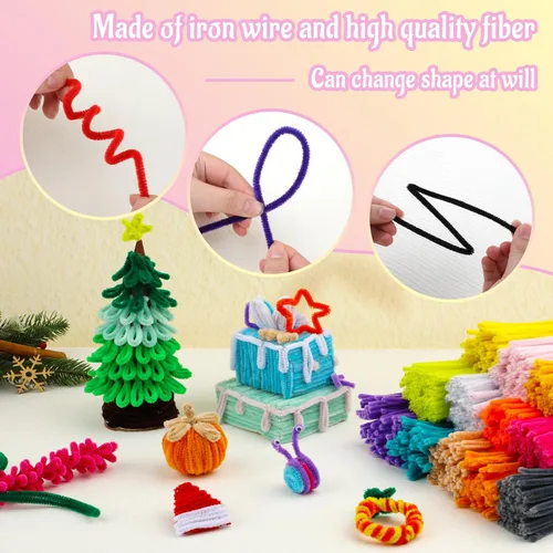 Miniatura 4 de Mnuizu - 200 limpiadores de tuberías, tallos de chenilla para manualidades, varillas esponjosas para manualidades navideñas y suministros de Rosa