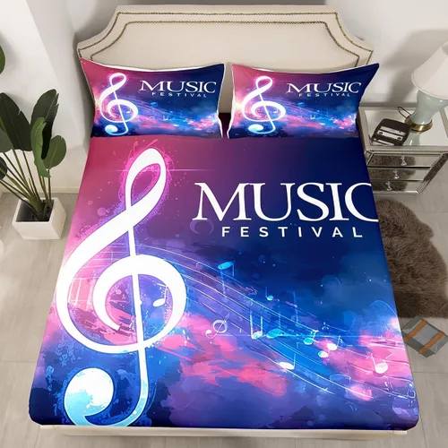 Miniatura 3 de Juego de ropa de cama ajustable con diseño de notas musicales rojo y azul, juego de sábanas para niños, mujeres y hombres, decoración de habitación