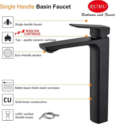 Miniatura 5 de VOTON - Grifo de lavabo negro para recipiente, monomando de una sola perforación, alto para baño, mezclador para lavabo de RV, de latón macizo, 1.2