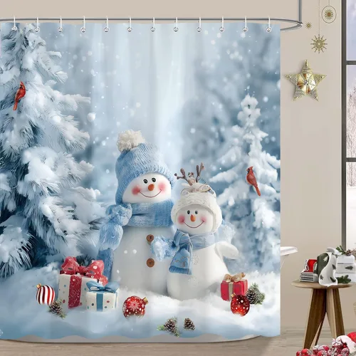 Miniatura 2 de Cortinas de Ducha de Navidad para Baño, Azul Lindo Muñeco de Nieve Árbol de Navidad Invierno Paisaje Natural Juego de Cortinas de Ducha, Tela