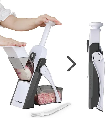 Miniatura 12 de [5 en 1] Cortadora de mandolina para cocina y picadora de verduras segura y rebanadora de mandolina ajustable, no se puede quitar, la mandolina Azul